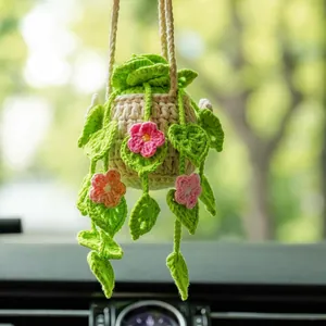 Handmade crochet potted plant hanging ornament for car rear view mirror decoration