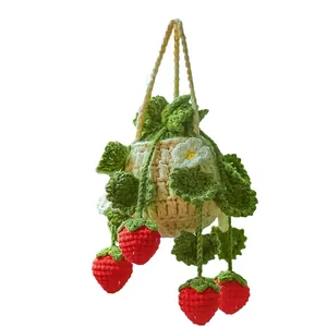 Handmade crochet strawberry plant hanging ornament for car rearview mirror decor
