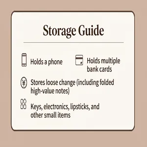 Detailed storage guide for plush handbag showing capacity for phone, cards, and keys.