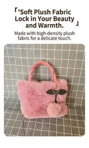 Detailed view of a pink faux fur handbag with cute cherry charm and golden chain
