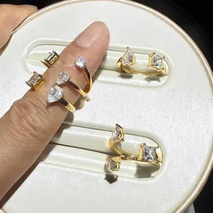 Elegant gold-plated open ring set featuring water drop and square zircon stones for women