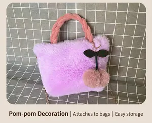 Detailed shot of a purple faux fur handbag featuring a cute cherry plush charm and chain