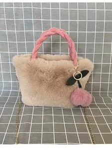 Cute pink faux rabbit fur cherry shoulder bag with braided handle and golden chain
