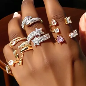 Elegant adjustable gold and silver rings featuring sparkling zircon star and heart motifs