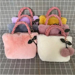 Cute Faux Rabbit Fur Cherry Tote Bag Women Large Capacity Plush Handbag With Braided Handle Chain Shoulder Messenger Bag