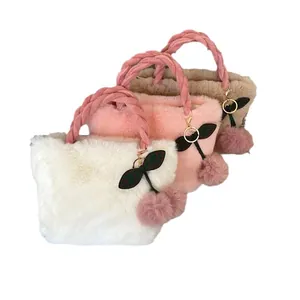 Large capacity cute faux rabbit fur plush handbag featuring cherry charm in three soft colors