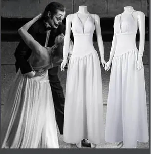 Detailed view of the white Harley Quinn cosplay gown from Joker 2 on mannequins.