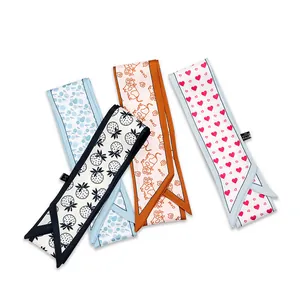 Collection of narrow silk-like scarves featuring strawberry, cow, and heart prints