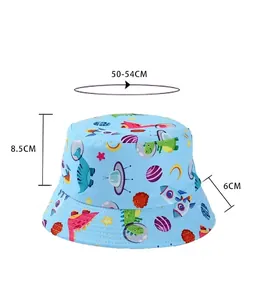 Detailed size measurements for children's blue sun bucket hat with dinosaur space print