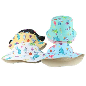 Colorful children's bucket hats with cartoon dinosaur and rocket prints for sun protection