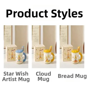 Juego de tazas de cerámica con tapa y cuchara en tres diseños diferentes y lindos