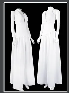 Detailed view of white halter neck Joker 2 Harley Quinn cosplay evening gown.