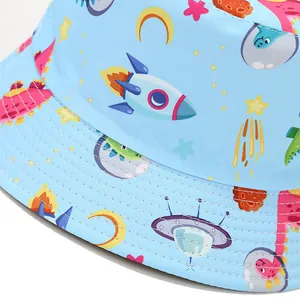 Blue kids bucket hat with cartoon space and rocket print for summer sun protection.