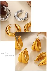 Close-up detail of twisted C-shape and ribbed gold hoop earrings with polished finish.