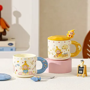 Detailed view of cute star character ceramic mug set with lid and matching spoon