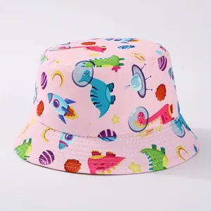 Cute children's pink bucket hat featuring cartoon astronaut dinosaur and space prints.
