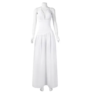 Women White Halter V-Neck Backless Pleated Maxi Dress Elegant Sleeveless Floor Length Evening Gown For Movie Character Cosplay Party