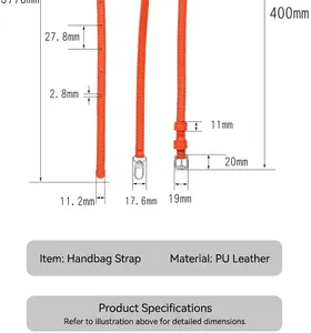 Detailed technical view of an adjustable orange PU leather handbag strap with size measurements