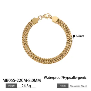 Detailed view of 8mm wide golden mens stainless steel wheat chain mesh bracelet