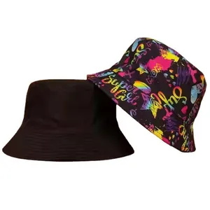 Detail view of reversible bucket hat with black and colorful graffiti print side
