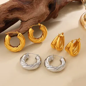 Stainless Steel Twisted C-Shape Hoop Earrings Geometric Gold Silver Plated Minimalist Lightweight Fashion Jewelry For Women