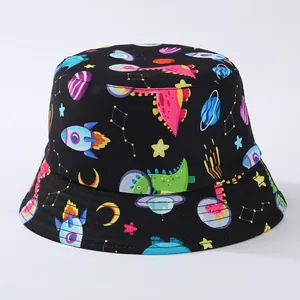 Detailed view of children's black bucket hat with colorful dinosaur space prints