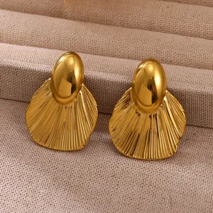 Chunky gold geometric stainless steel fan-shaped stud earrings for women in a vintage style