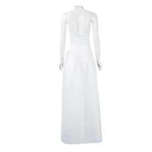 Elegant back view of white floor-length halter dress for Harley Quinn cosplay
