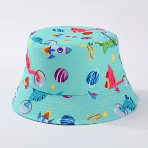 Vibrant mint green children bucket hat with space and dinosaur cartoon prints.