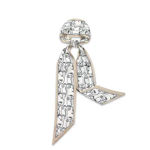 Elegant narrow silk scarf ribbon featuring abstract face line art on a white background