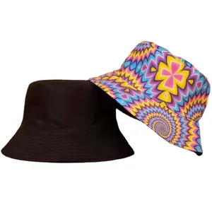 Reversible bucket hat featuring a solid black side and a colorful tie-dye print