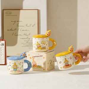 Cute star character ceramic mug set with lid and spoon, large capacity gift cup.