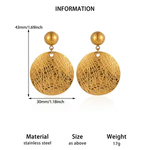Textured gold stainless steel round drop earrings with dimensions and weight info