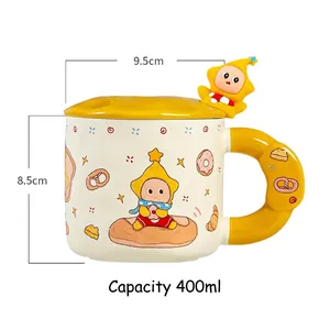 Cute cartoon star person ceramic mug set with lid and spoon 400ml large capacity