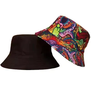 Reversible bucket hat showing solid black and vibrant psychedelic print side details