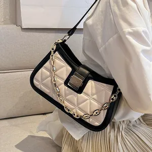 Fashion Women Quilted Shoulder Bag PU Leather Crossbody Bag With Chain Decor Contrast Color Rhombus Pattern Underarm Bag