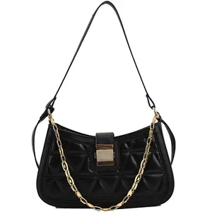 Elegant black quilted women's shoulder bag featuring a gold chain and metal buckle strap
