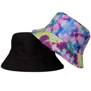 Double-sided bucket hat featuring vibrant tie-dye print and classic solid black.