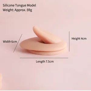 Close-up of silicone tongue model with annotations for length, width, height, and weight