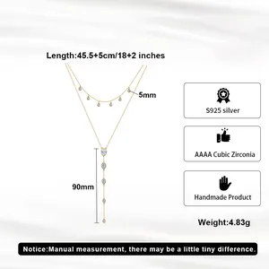 Double layered S925 sterling silver Y-shaped lariat necklace with cubic zirconia dangles