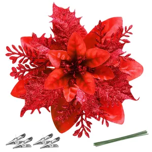 Artificial Christmas Poinsettia Flowers Glitter Plastic Ornaments With Clips For Christmas Tree Holiday Party Home Decor