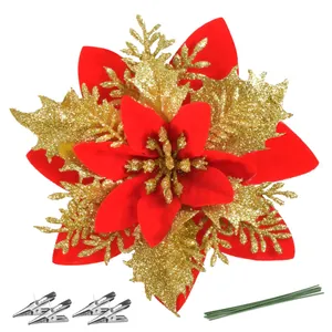 3D three-layer red and gold glitter Christmas flower decoration for tree, 14.5cm with clips