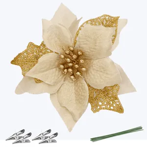 Decorative 3D three-layer champagne gold glitter poinsettia Christmas flower 14.5cm ornament set