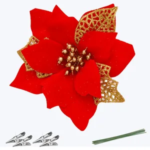 14.5cm 3D glitter poinsettia Christmas tree decoration flower with clips and stems