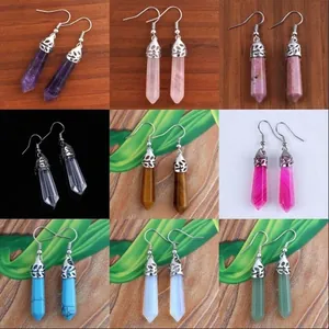 Variety of hexagonal natural stone point drop earrings with elegant silver hooks