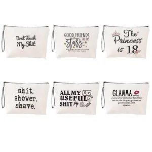 Set of six canvas makeup bags featuring humorous English quotes and stylish floral designs