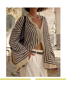 Women Striped Long Sleeve Shirt Cardigan Loose Fit V-Neck Polyester Geometric Print French Style Casual Blouse