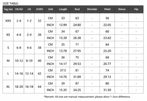 Comprehensive size chart for Y2K sexy solid color summer bandeau vest showing measurements