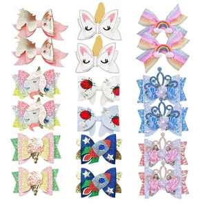Kids Glitter Rainbow Bow Hair Clips Cute Unicorn Crown Hairpin Sets Handmade Hair Accessories For Little Girls Birthday Party