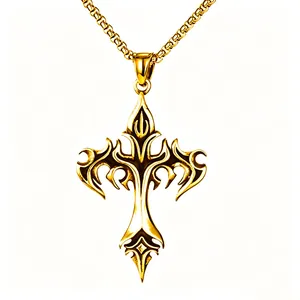 Detailed close-up of a gothic golden flame cross pendant made from durable stainless steel